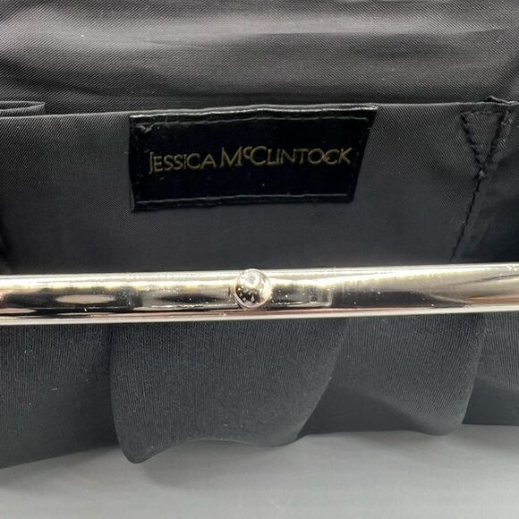 Jessica McClintock Satin Black Frame Clutch with Silver Shoulder Chain - Picture 4 of 7